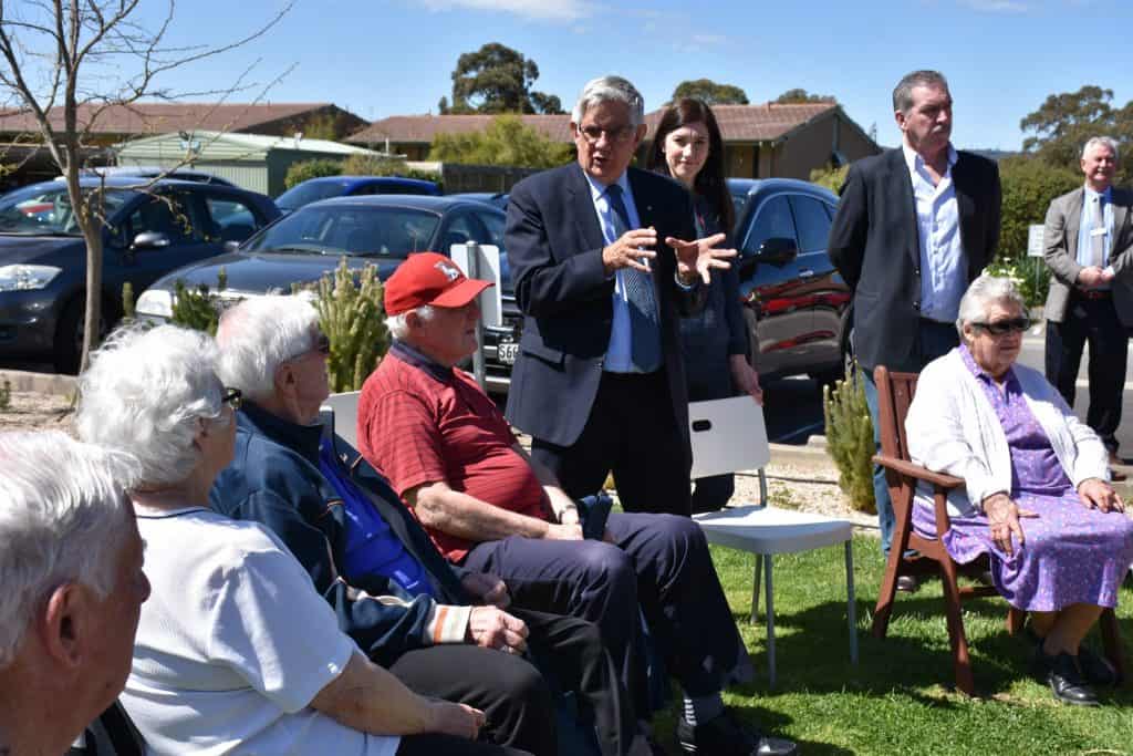 Federal Minister for Aged Care, Mr Ken Wyatt, speaking with residents from Resthaven Bellevue Heights at a 'listening post'. 