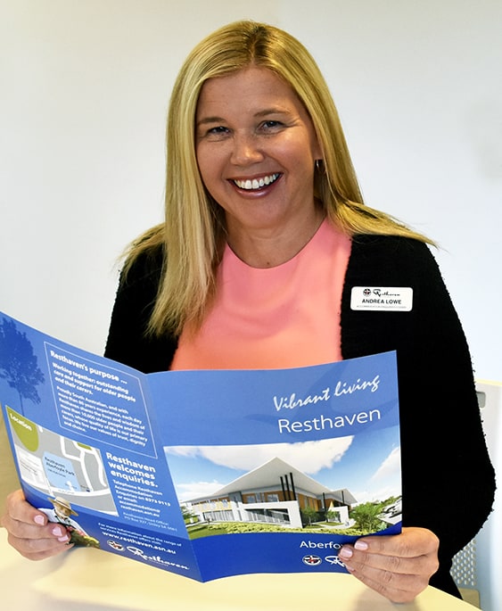 Andrea Lowe with Resthaven Aberfoyle Park brochure thumb