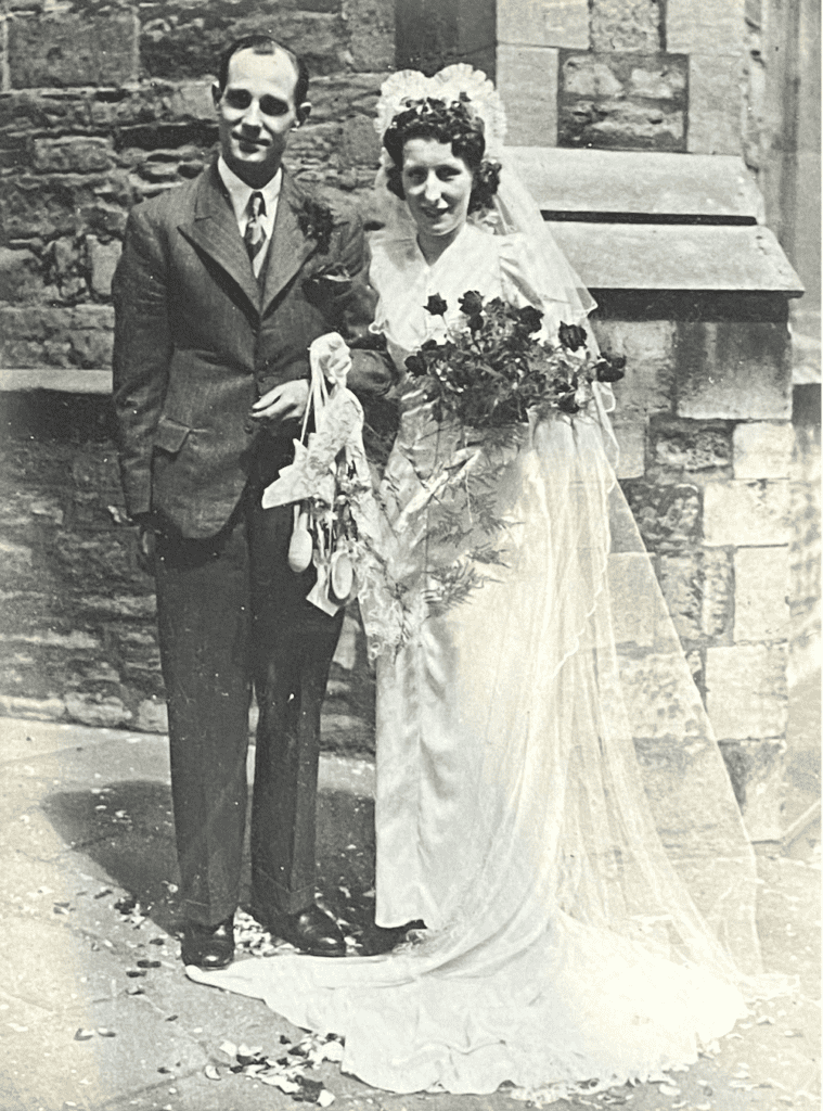 Black and white image of Mr and Mrs Freeman on their wedding day