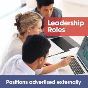 banner with people working in a group on desk and title saying leadership roles