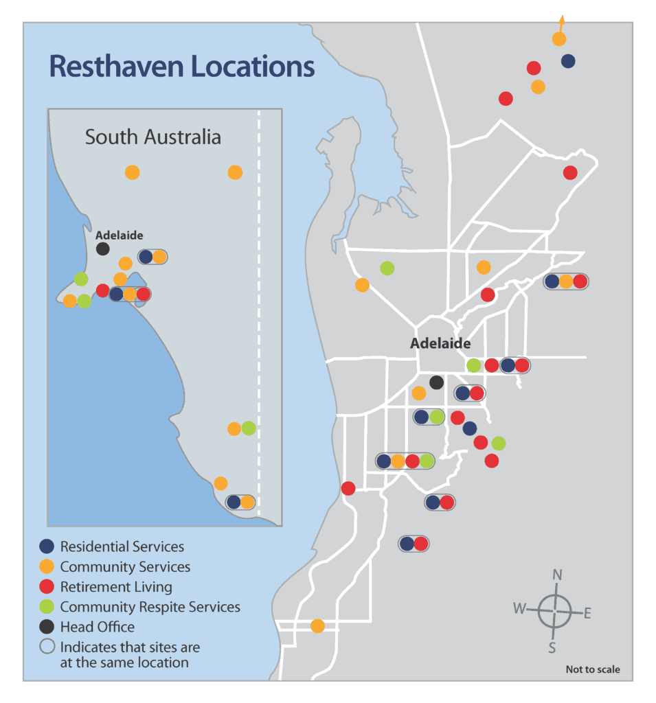 Vector map of aged care home locations in Adelaide