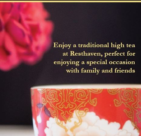 Brochure with tea cup and title reading Hight Tea at Resthaven